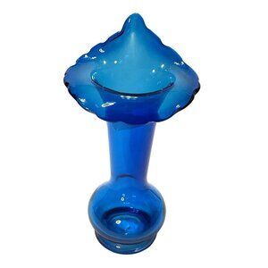 Jack in the Pulpit Hand Blown Art Glass Vase Stretched Blue 1960s Japan No Flaws